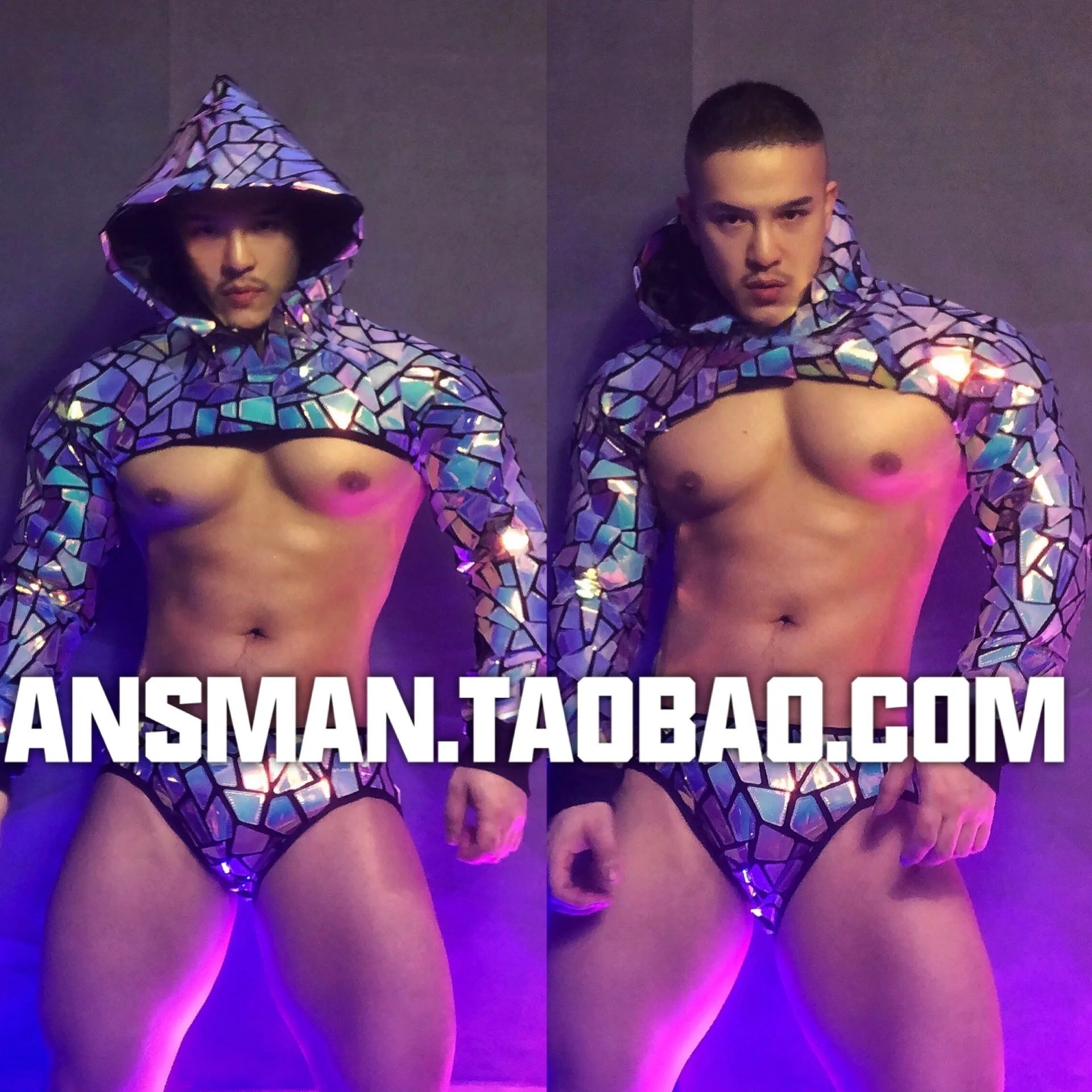 

Bar Nightclub Male Singer Costume Purple Blue Laser Mirror Long Sleeved Hooded Tops+Sexy Shorts Outfits Dancer Team Stage Wear