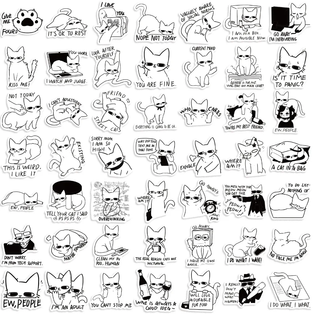 50pcs Black and White Cat MEME Cartoon Graffiti Stickers DIY Phone Laptop Notebook Suitcase Waterproof Sticker Kids Toy Gifts