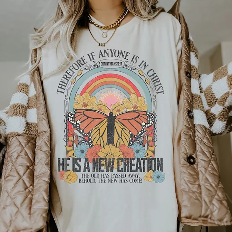 

Plus Size Christian Bible Verse Tops Jesus 2 Corinthians 5:17 Graphic Tees Vintage Aesthetic T-Shirts Short Sleeve Faith Shirt