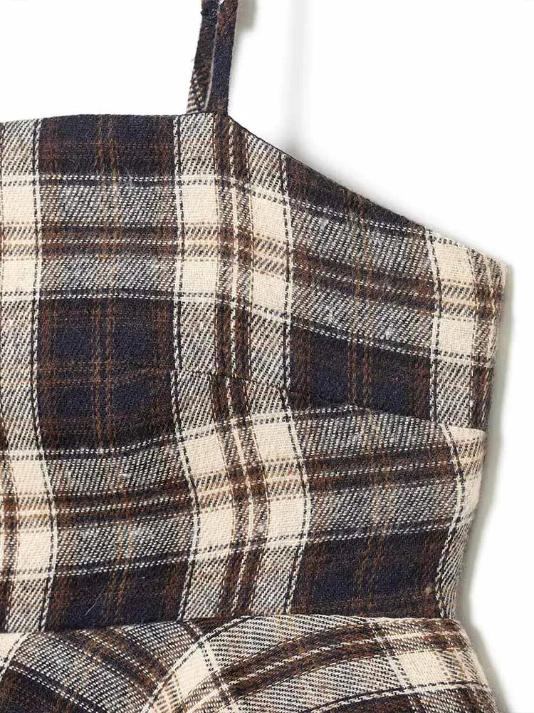 Estilo europeu e americano inverno recém chegados moda feminina suspender decote reto em camadas top xadrez decorativo