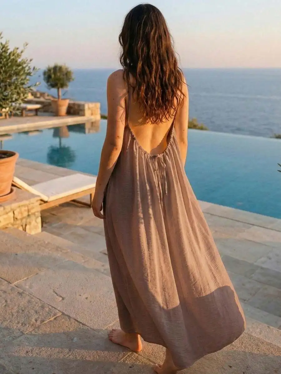 

Women Solid Color Spaghetti Strap Backless Lace Up Loose Vacation Dress With Pockets