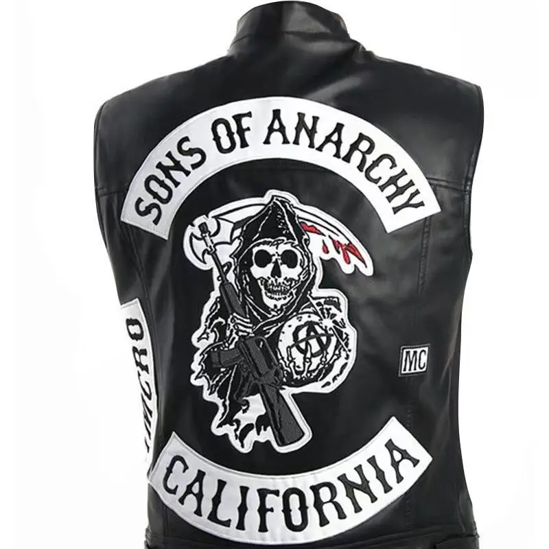 Son of Chaos in Motorcycle Style: Harley Motorcycle PU Leather Embroidered Vest Kam Shoulder Punk Fashion Leather Coat for Men