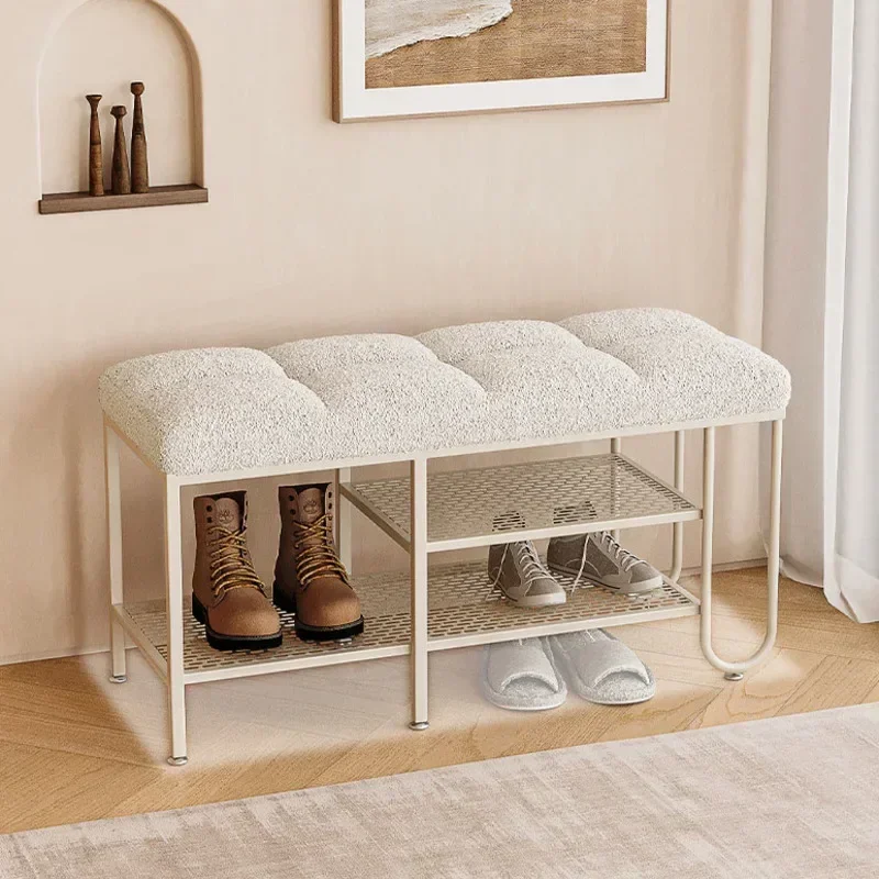 

Nordic Wind Shoe Rack Light Luxury Porch Stool with Soft Lamb Wool Cushion MultiLayer HollowOut Design Elegant Hallway Bench