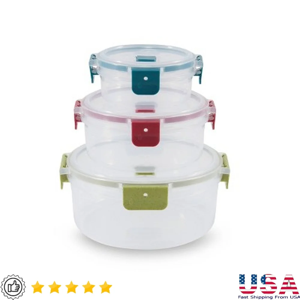 Juego de contenedores de almacenamiento de alimentos ecológicos, 3 piezas, tapa de bloqueo sin BPA, apto para lavavajillas, organizador de cocina de plástico reciclado redondo seguro
