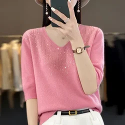 Women Sweater Short Sleeve V-neck Stripe Knitwears Slim Fit Shirt Korean Fashion Pullovers Thin Knit Tops 2024 Cashmere Bottomin