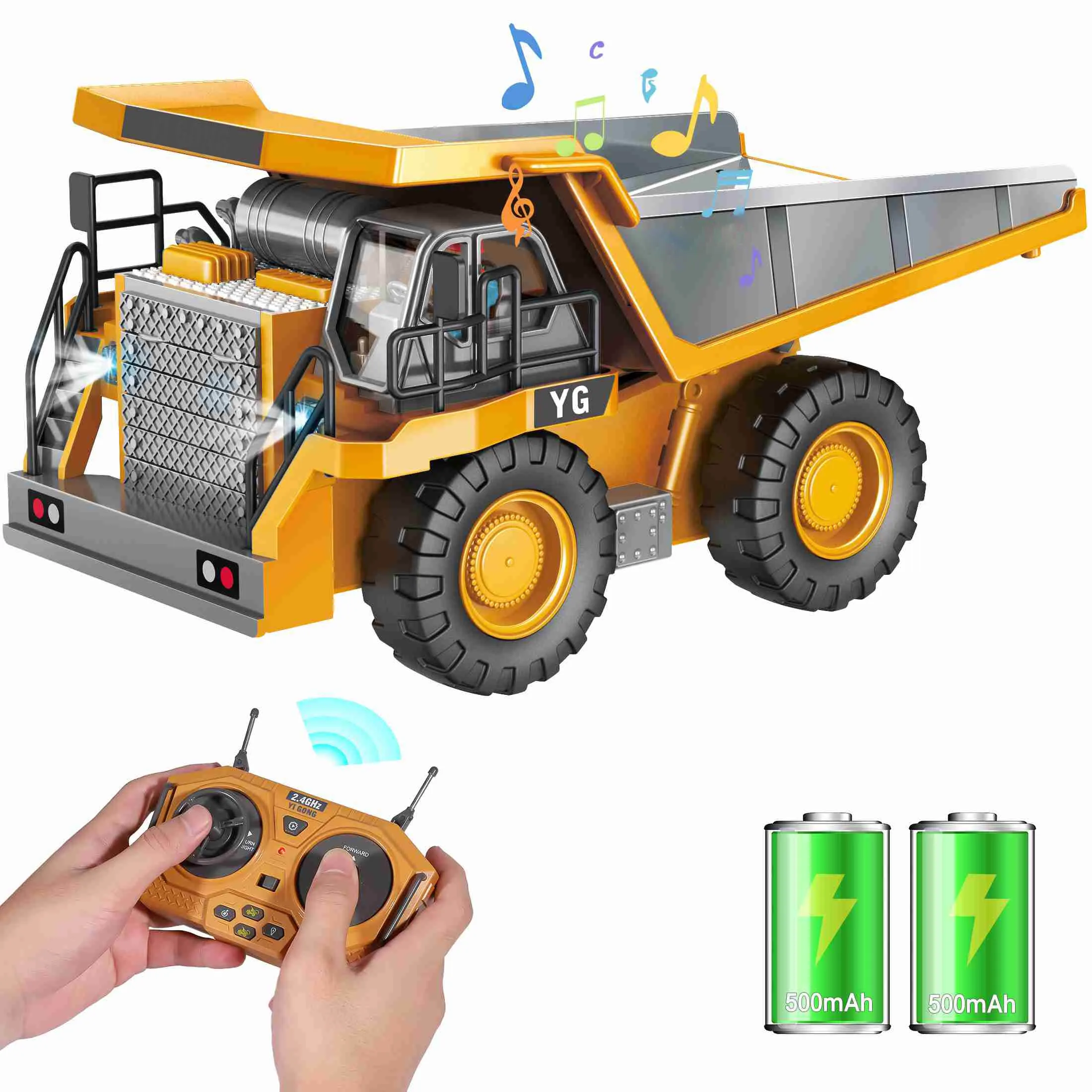 

9 Channel Dump Truck Toy Yellow Double Battery Remote Control Dump Truck with Light Sound for Present