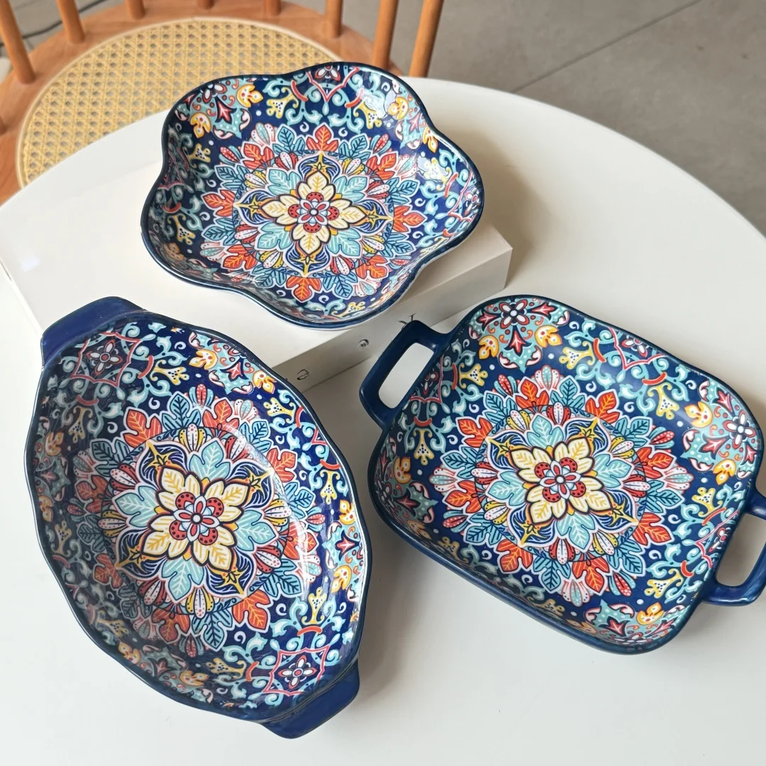 Bohemian Ceramic Plate Set, Double-Eared Fish Plate, Household Steamed Fish Plate, High-Value Salad Plate, Cooking Plate