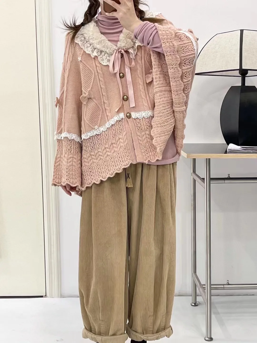 سترة جديدة بأكمام طويلة من القطن لخريف 2025، سترة نسائية بياقة بيتر بان من الدانتيل، سترة صوفية فضفاضة حلوة لفتاة موري C5O428CC