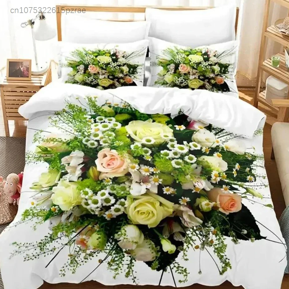 Neues 3D-gedrucktes Bettwäsche-Set mit grünen Rosenblüten, weiche, moderne Bettüberwürfe für das Schlafzimmer, bequeme Bettdecke, Bettbezug und Kissenbezug