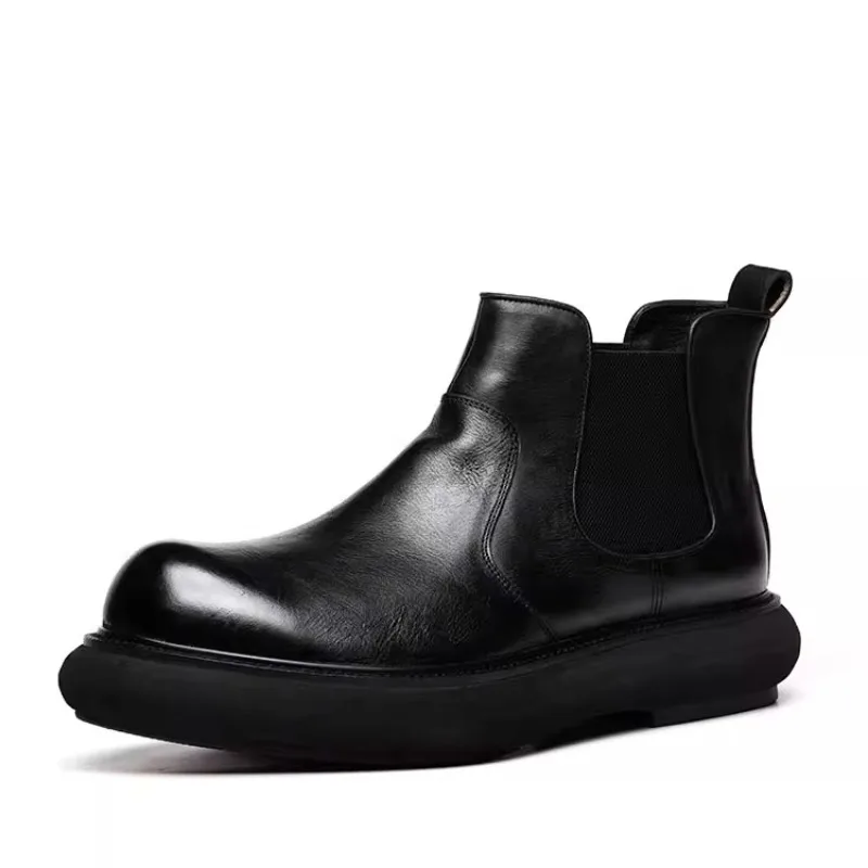 

Retro Genuine Leather Chelsea Boots Men Motorcycle Ankle Boots Casual Cowhide British Work Thick Soled Platform Shoes Male