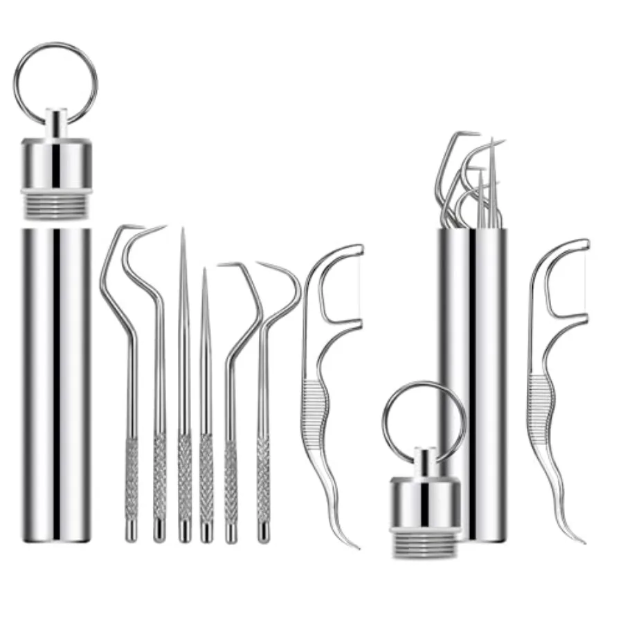 7Pcs 2 Set Portable Stainless Steel Toothpicks Pocket Set, Reusable Metal Toothpicks Cleaning Kit with Holder for Outdoor Picni