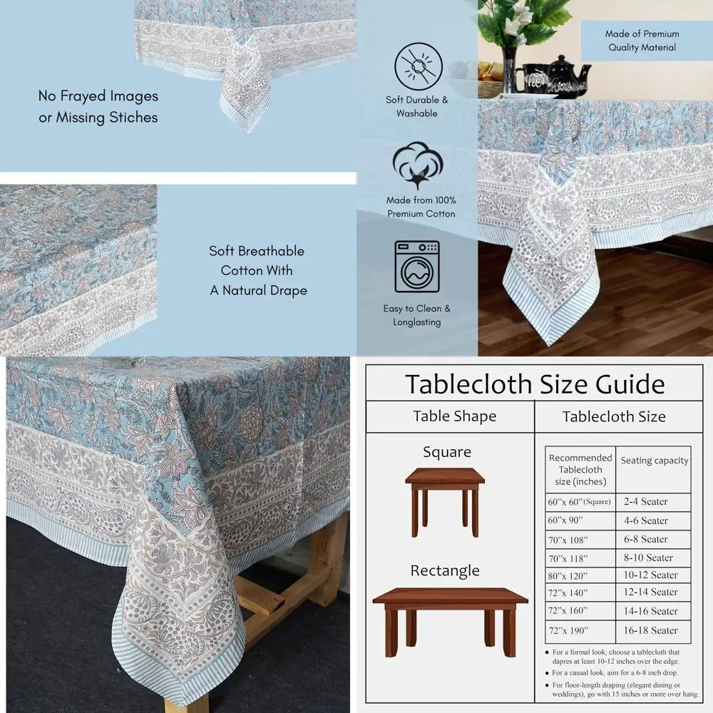 

Экологичная хлопковая скатерть Jaipur с индийским блочным принтом, богемный цветочный дизайн, квадратная для кухни и патио, небесно-голубой, 60x