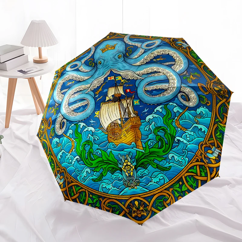 Octopus Theme Design Folding Umbrella - Fashionable Auto-Open Design 8 Iron Ribs Plastic Handle Foldable Sunshade，Perfect Gifts