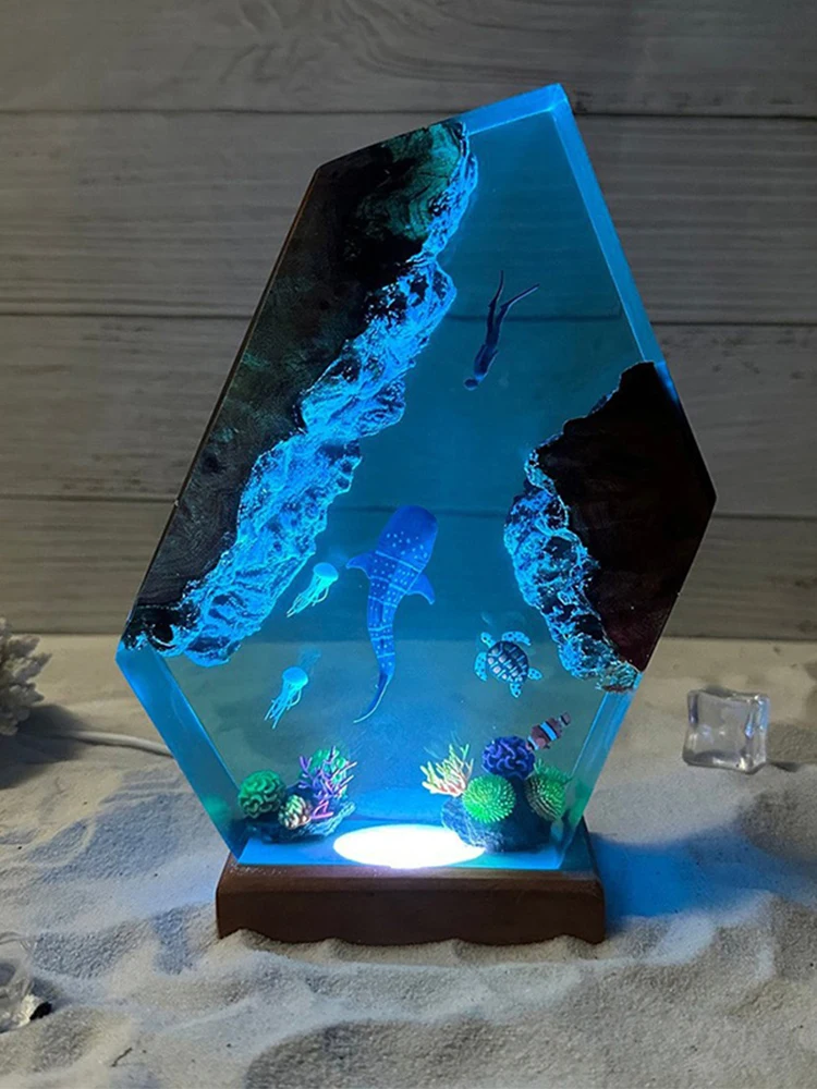 المحيط العضوية الراتنج مصباح الإبداعية الفن ليلة ضوء الحرفية تحت سطح البحر الحوت غواص المناظر الطبيعية الديكور الجدول مصباح USB شحن
