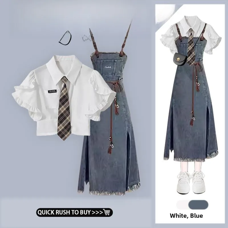 

Summer 2026 College Style Shirt And Jeans Overalls Slimming Waist Two-Piece Set Fashionable And Timeless Ladies' Ensemble