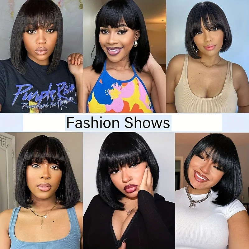 Straight Short Bob Wig With Bang Human Hair 3x1 Lace Closure Wig Full End Machine Made Fringe Wear And Go 8-16 Inch Bob Wigs