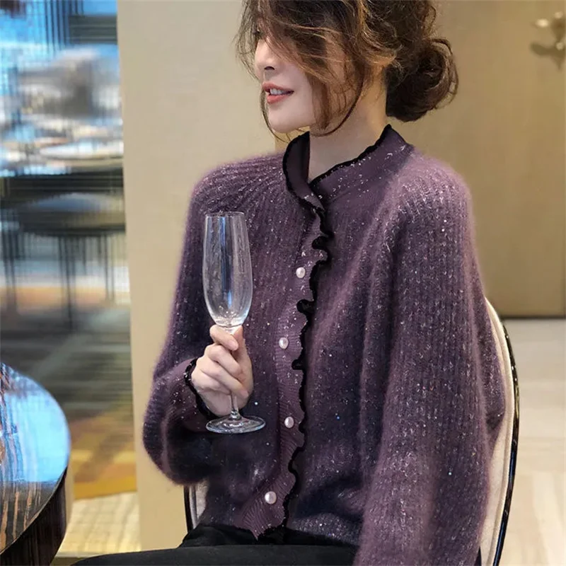 

Thick And Shiny Silk Fashionable Top Loose Mohair Purple Sweater Women's Trendy Black Lace Fashionable European Style Outerwear