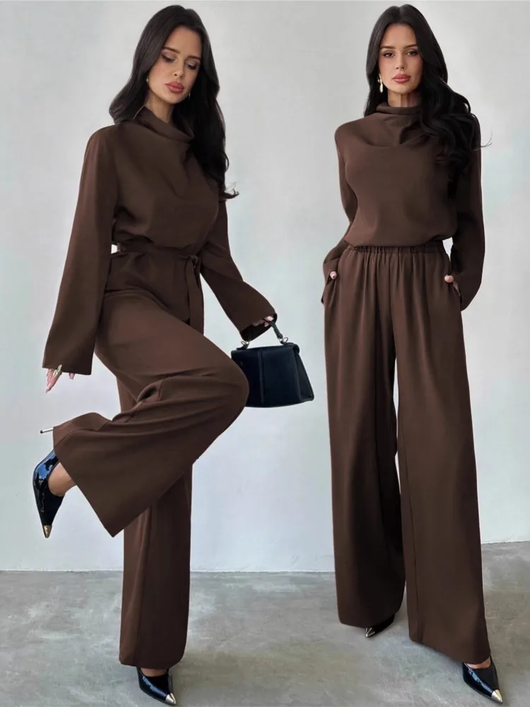 

Simple Style Two Piece Outfit 2 Pieces Set For Woman New In Matching Sets Loose Wide Leg Trouser Solid Color All-match Commuting