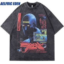 Aelfric Eden Retro Robot Graphic Print Washed Tshirt Vintage T-Shirt Y2K Hip Hop Streetwear Men Summer Harajuku Casual Loose Top