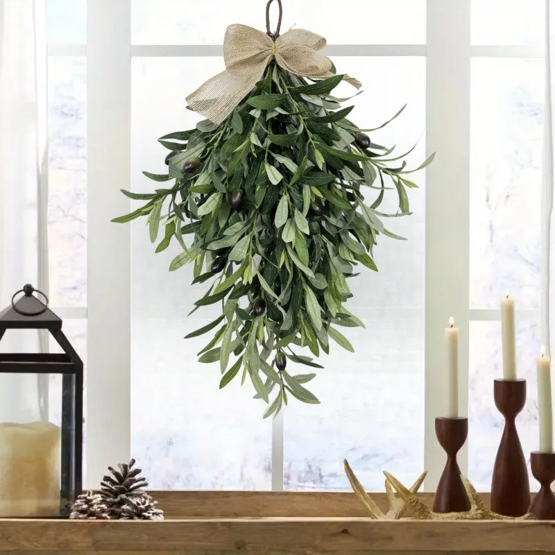 

Весенне-летний оливковый венок-капля, имитация венок, искусственное цветочное украшение, праздничное украшение, бант из ротанга