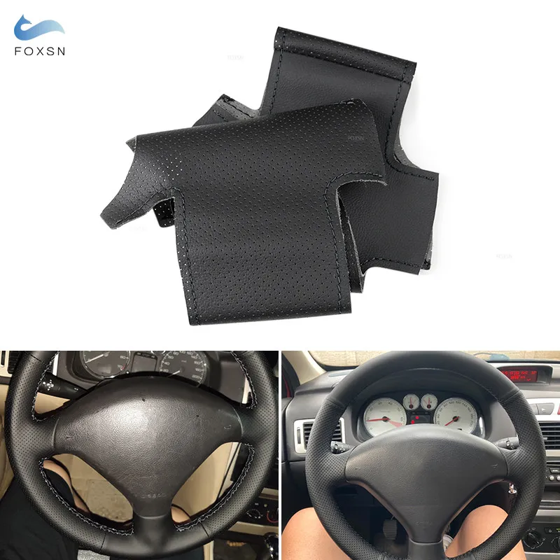 Car-styling Black Perforated Microfiber Leather DIY Hand-stitched Steering Wheel Cover Trim For Peugeot 307 CC 407 SW 2004- 2009