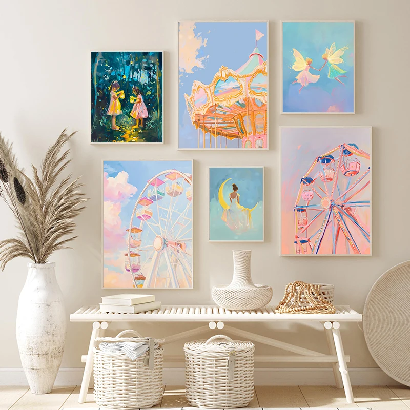 Parque de atracciones de ensueño rosa Vintage, noria, bosque de hadas, cartel de niña pequeña, pintura en lienzo, imágenes artísticas de pared, decoración del hogar