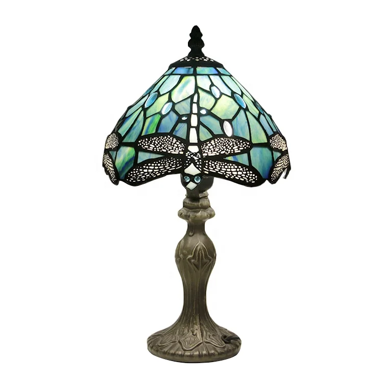 

8Inch Dome Vintage Tiffany Dragonfly Resin Stained Glass LED Table Iron Base AC Mediterranean Style 2700K Warm White