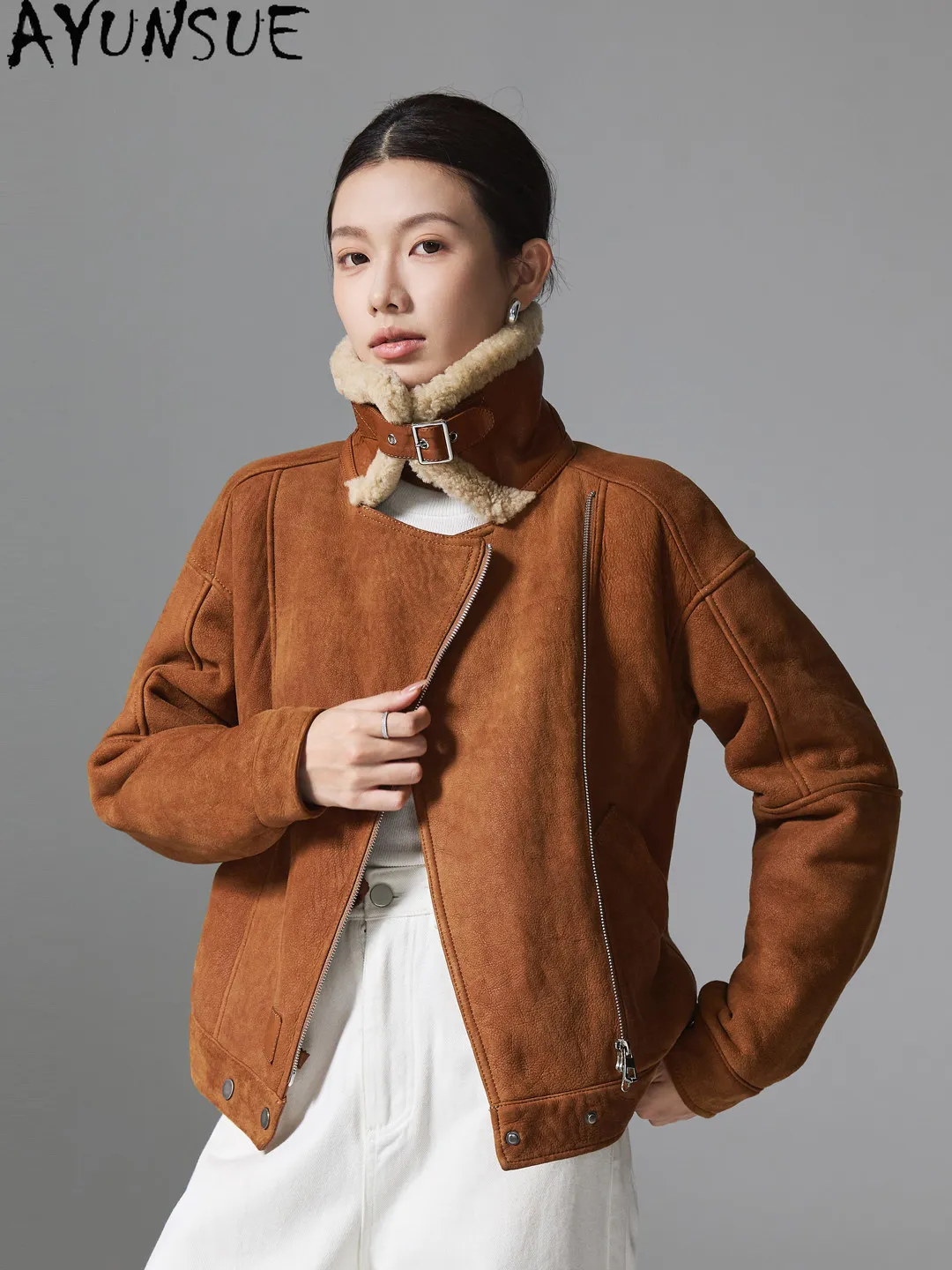 

AYUNSUE Natural Sheepskin Fur Coat Women Vintage Real Fur Womens Coats Oil Wax Winter Clothes Velvet Surface 2026 Пальто Женское