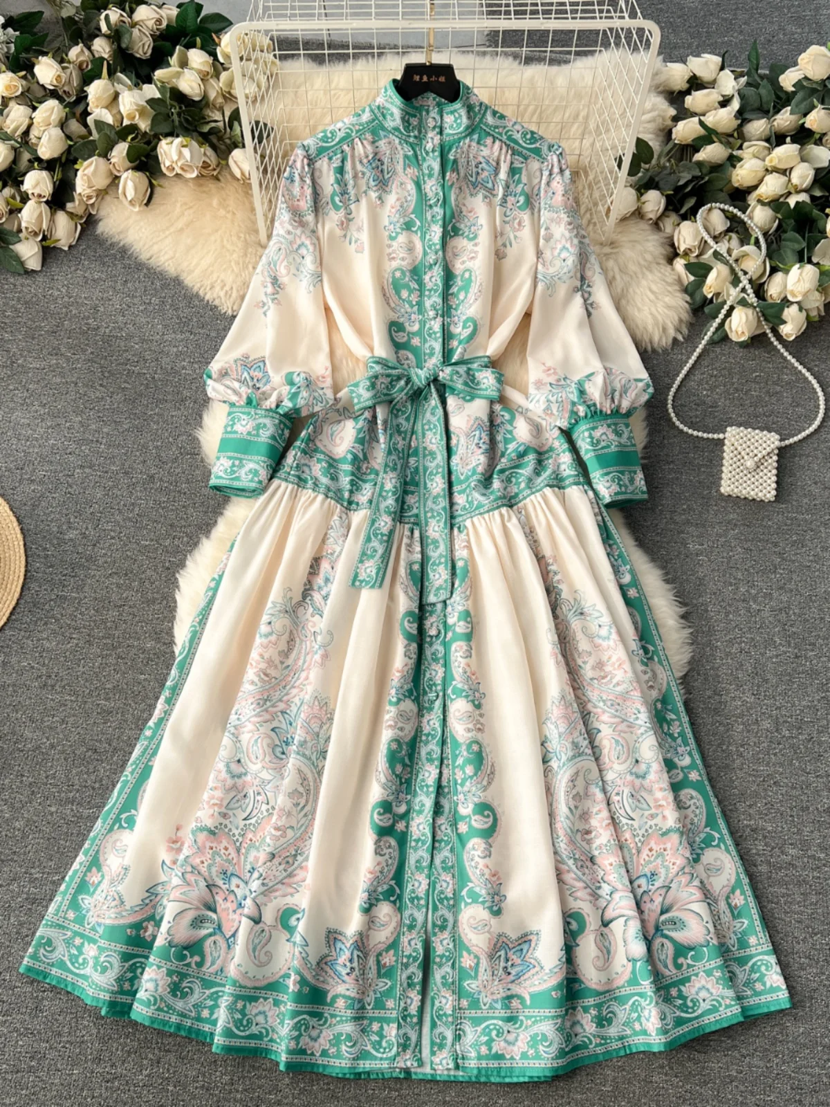 

Palace Style Temperament Dresses for Women Retro Floral Print Stand Collar Slim Long Dress French Puff Sleeve Party Gown