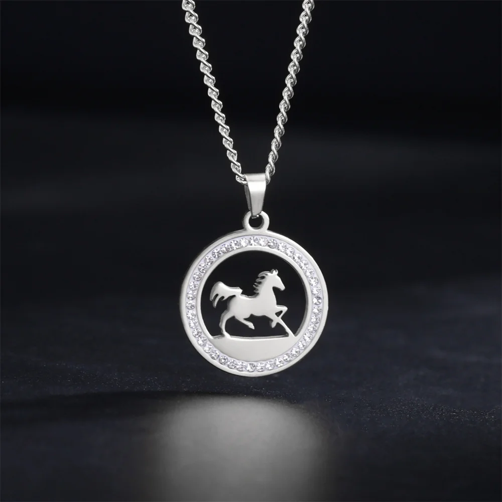 My Shape Running Horse Pendants Necklace Stainless Steel Rhinestone Pendant Necklaces Choker Chain Horse Lover Christmas Jewelry