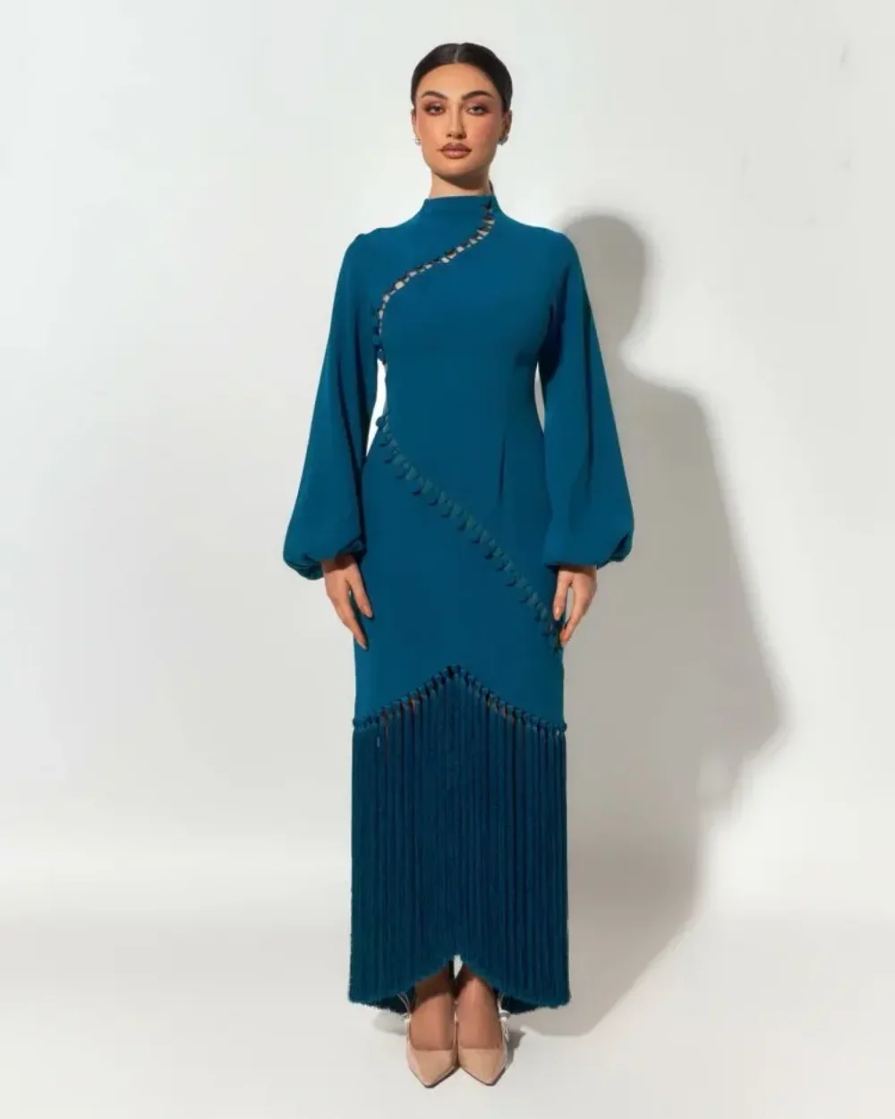 Customized Exquisite Jersey Button Tassel Pleat Straight High Collar Midi Dresses Prom Dresses Modern Style Simple Formal High Q