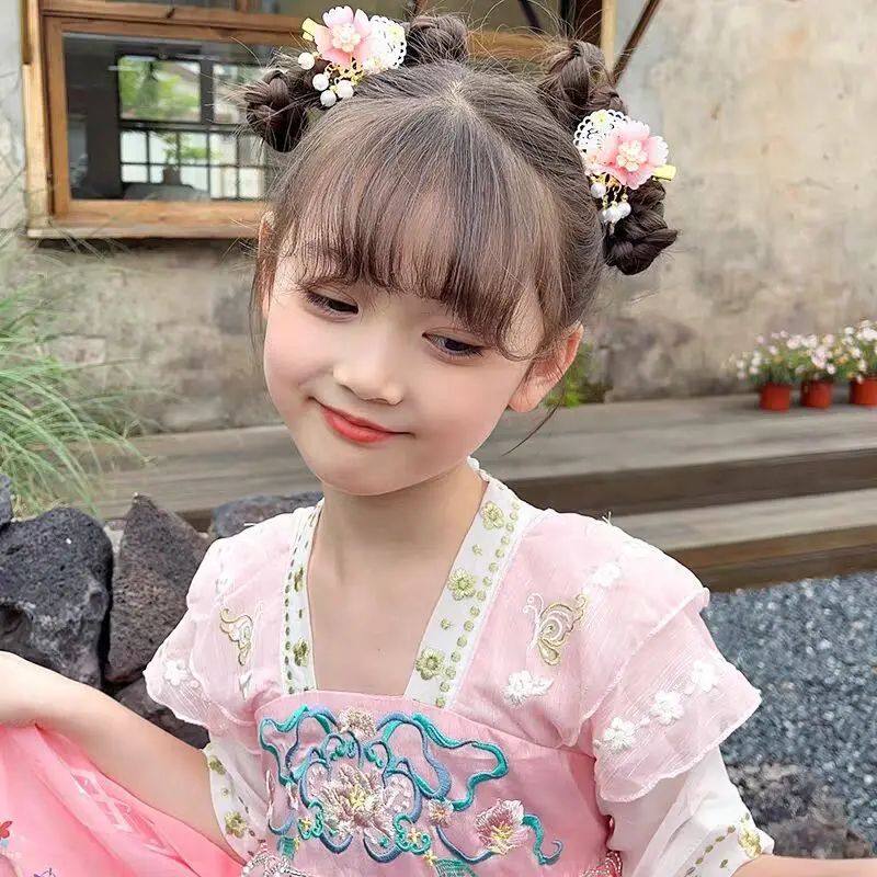 フリンジ付き子供のアンティークヘアクリップ、小さな女の子の花の帽子、赤ちゃんの漢服のアクセサリー、中国風