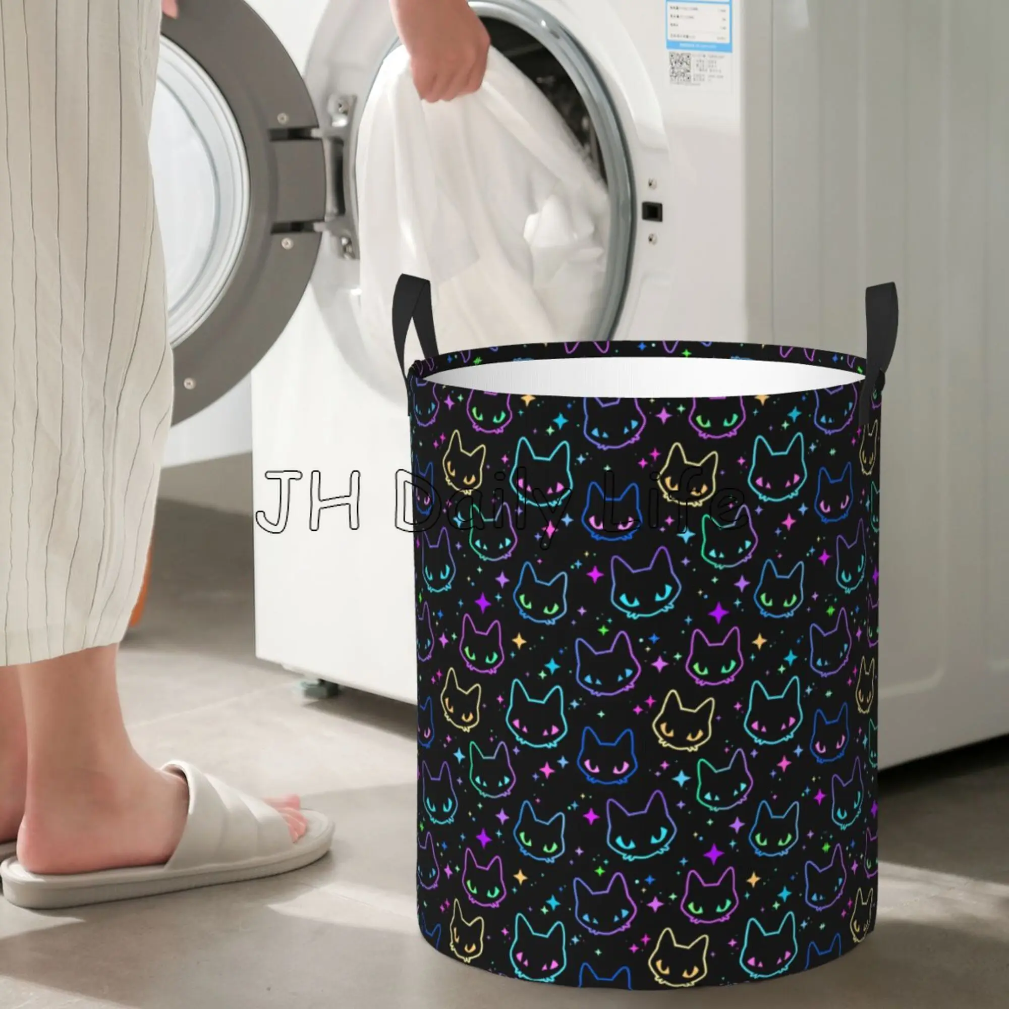 Funny Black Cats Round Laundry Hamper Cute Cat Silhouettes Storage Basket Toys Clothes Organizer Bin for Home Bathroom Bedroom