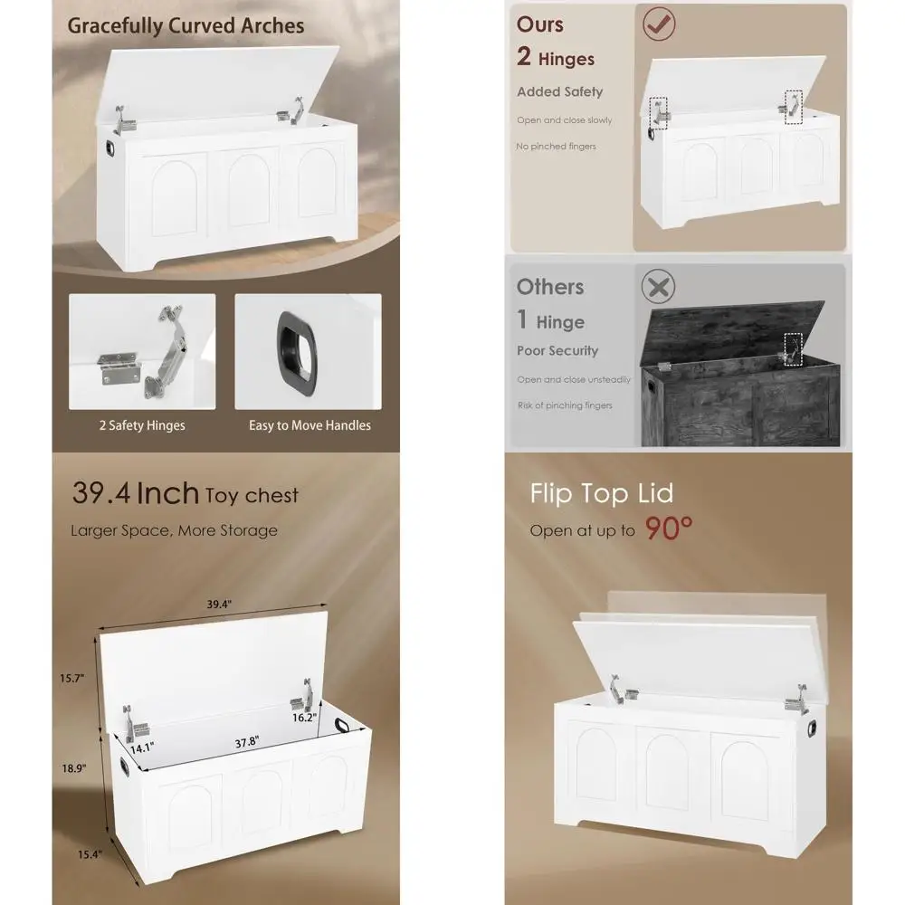 Cómoda de almacenamiento de madera blanca 39,4 con tapa abatible, 2 bisagras de seguridad, banco de zapatos para entrada, maletero resistente para el hogar, fácil montaje
