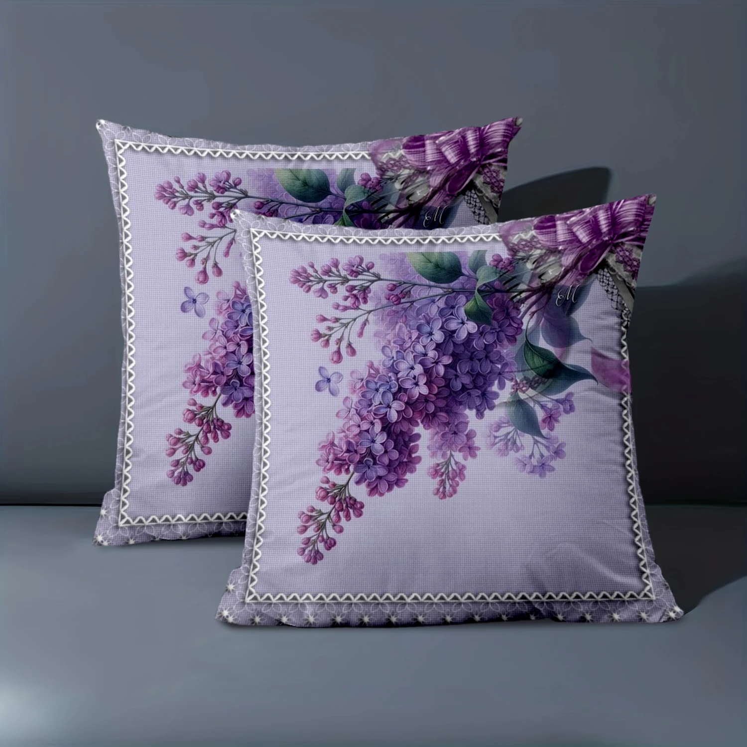 1 pieces -2D flat printing Lilac Patterned Pillow With Lace Edge Decor Polyester pillowcase, sofa decorative cushion cov