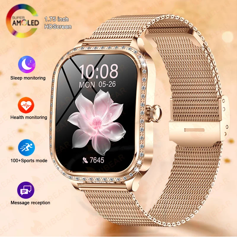 

Новые умные часы для Huawei Xiaomi Woman, ультратонкие с бриллиантами, спортивные часы с пульсометром, Bluetooth-вызовом, 1,75-дюймовым экраном, умные часы