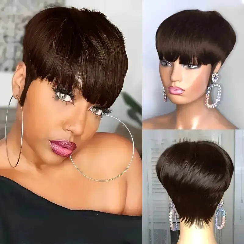 짧은 픽시 생머리 인모 기계 제작 가발 앞머리 포함 천연 1B 색상 가발