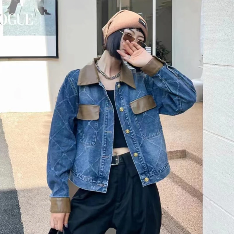 Harajuku Contrast Color PU Leather Lapel Patchwork Denim Coat Autumn Casual Loose Jeans Jacket Female Black Camel Short Outwear