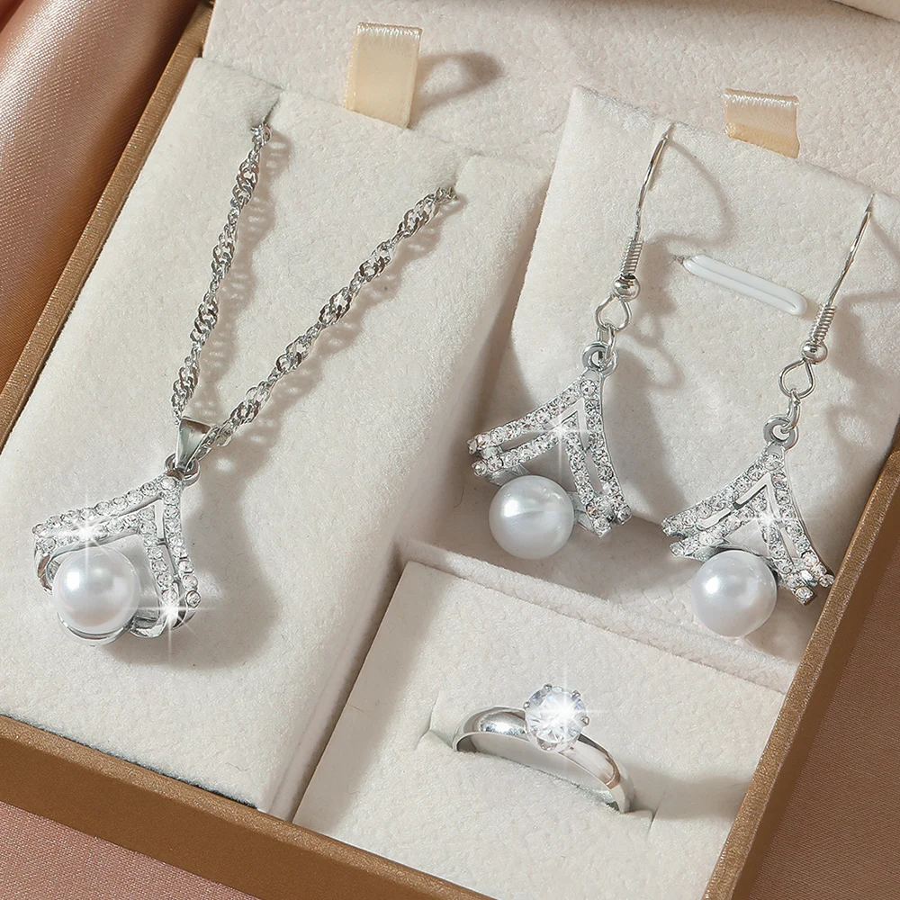 4Pcs Women Jewelry Set, Imitation Pearl Necklaces Earrings Ring Daily Accessory Banquet Wedding Party Gift