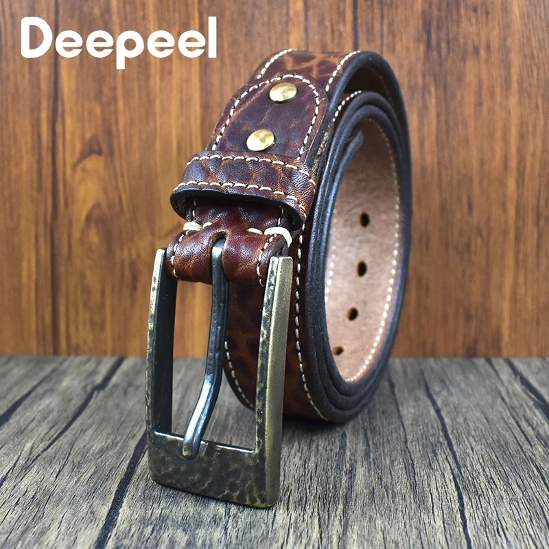 Deepeel 3.8cm Wide Vintage Leather Belt 5mm Thickened Men's Pin Buckle Waistband Layer Cowhide Belts Grain Jeans Luxury Girdle