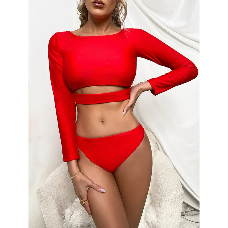 TYAKKVE 2024 New Sexy Solid Bikini Women Swimsuit Sport Long Sleeve Crop Top High Waist Tankini Swimwear Two Piece Bikini Set