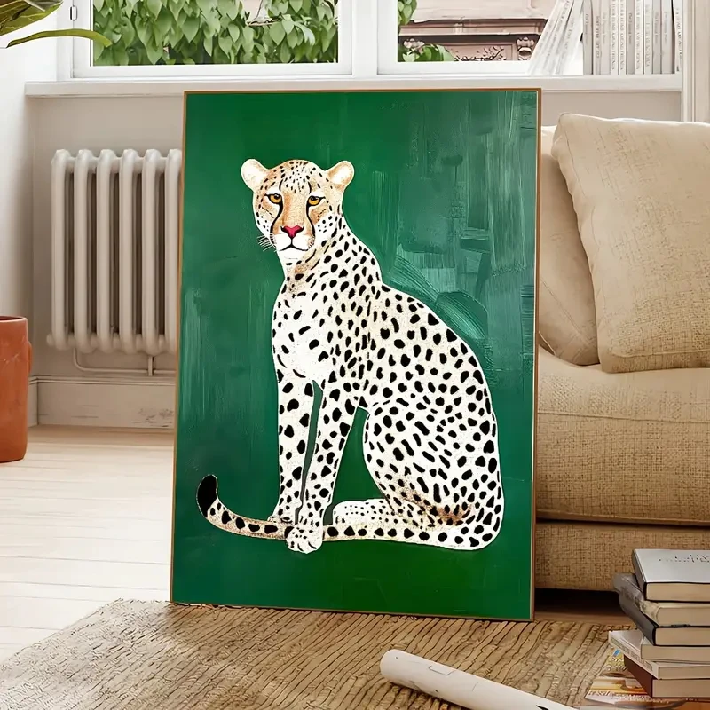 ملصق فني جداري بسيط من قماش الفهد الأخضر، نمط ديكور منزلي لغرفة النوم وغرفة المعيشة الحديثة، موضوع الحيوان