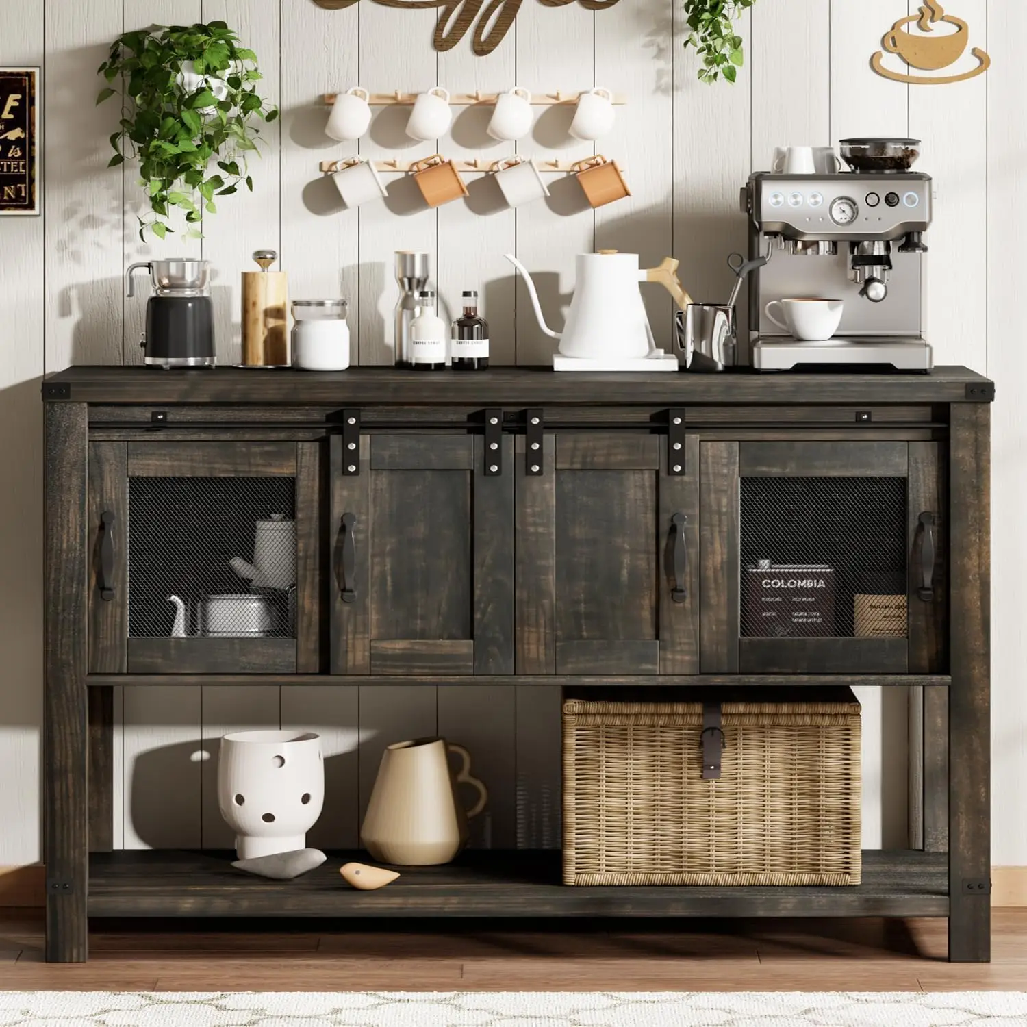 Farmhouse Coffee Bar Cabinet with Storage, Coffee Bar Table with Sliding Barn Door, Coffee Buffet Cabinet with Metal Mesh Doors