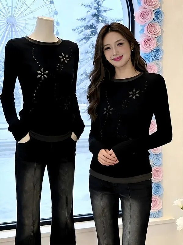 

Женская футболка больших размеров с вышивкой и длинными рукавами, с цветочным узором и вырезами, повседневная, осенне-зимняя, приталенная, для коррекции фигуры