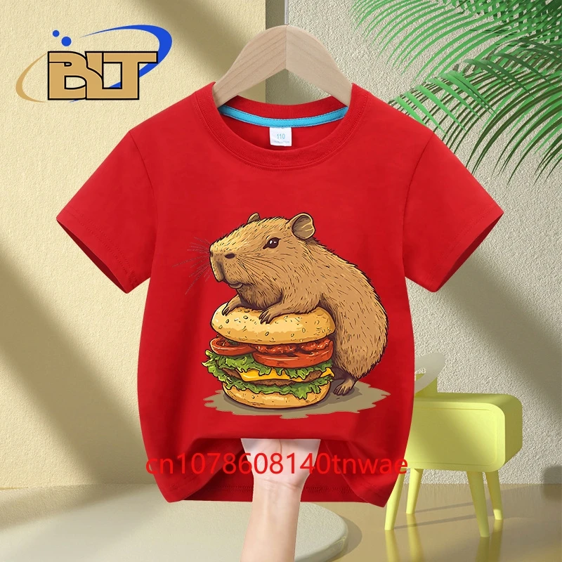 Capybara Capyburger printed children's clothing kids cotton T-shirt cartoon short-sleeved casual tops for boys and girls