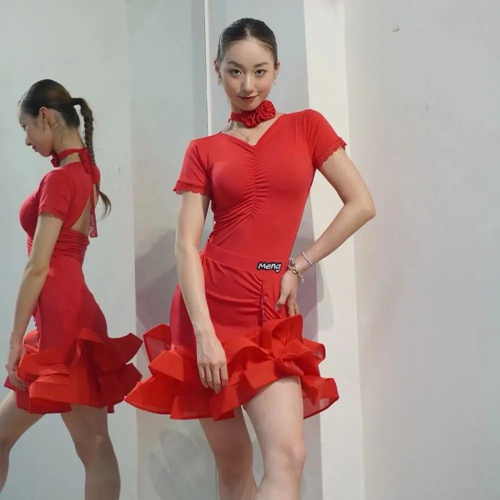 Feminino novo sexy vestido de dança latina trajes de desempenho roupa vermelha com decote em v superior saia espinha de peixe samba dança prática roupas dn22206