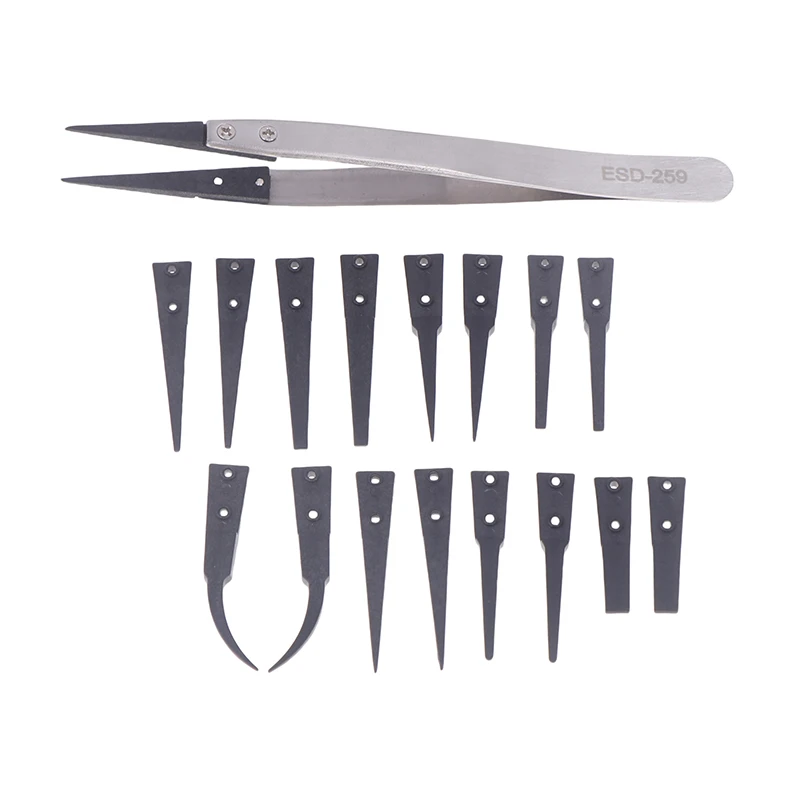 ESD 259 Portable Handle Stainless Tweezers With 8Pcs Exchengeable Antistatic Plastic Tips For Heat Resistant Repair Tool