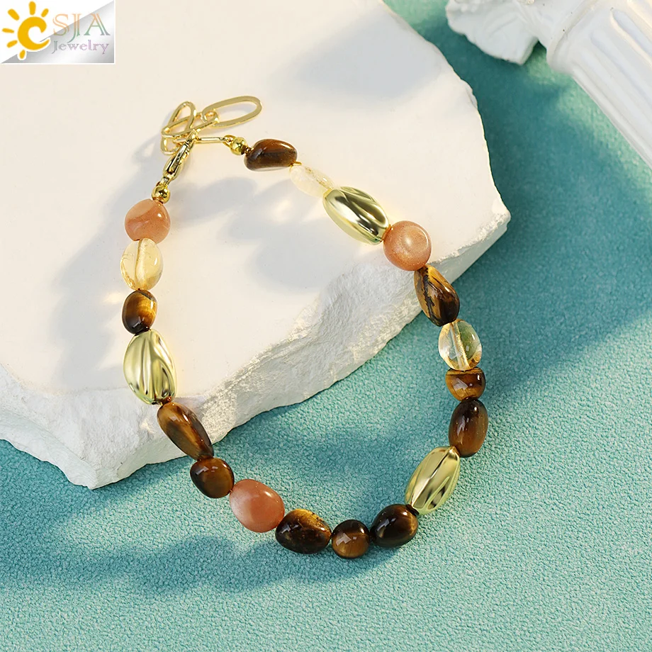CSJA Unregelmäßige Naturstein Kristall Armband für Frauen Edelstahl Perlen Armbänder Tigerauge Schmuck Geschenk H690