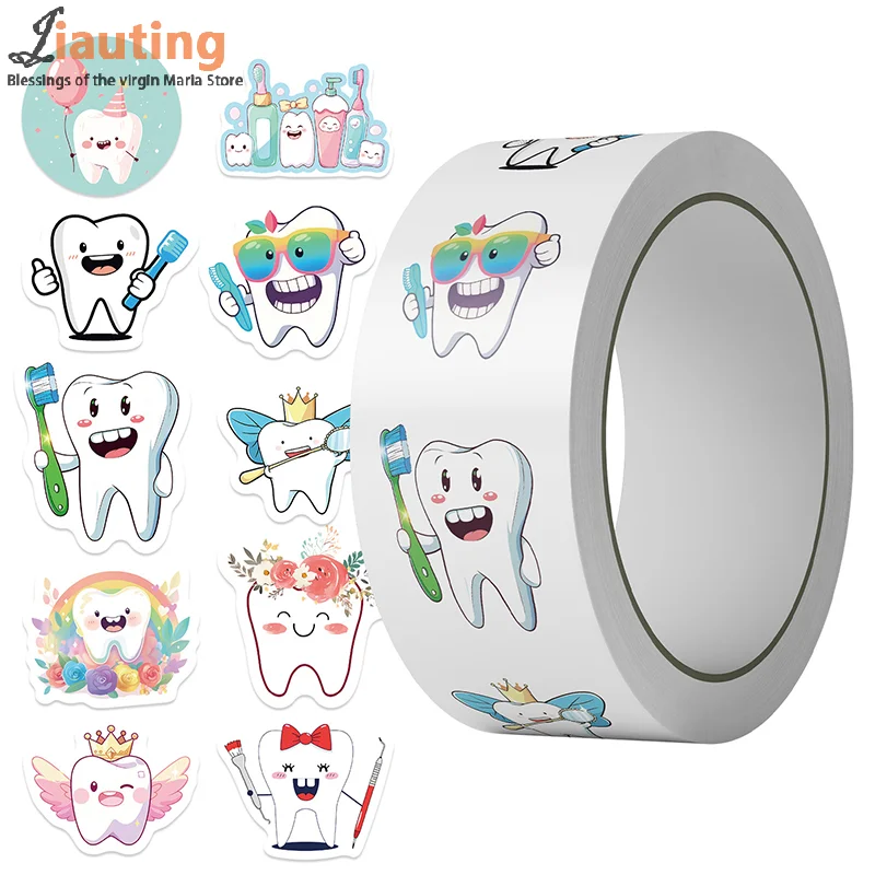 500 Sheets/roll Protect Teeth Cartoon Stickers For Kids Students Graffiti Laptop Stationery Cute Sticker Dental Clinic Gifts