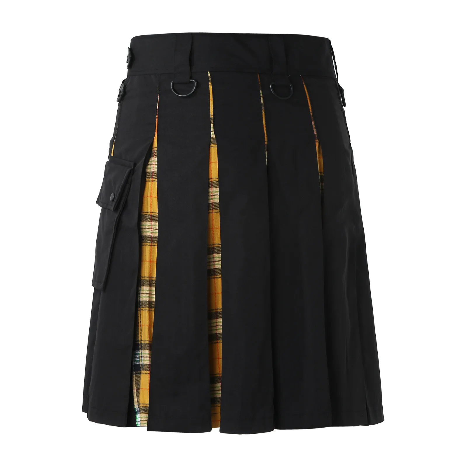 Men's Fashion Casual Scottish Style Half Bodies Skirts Plaid Contrast Pleated Skirts With Pockets Gothic Punk Vintage Kilt